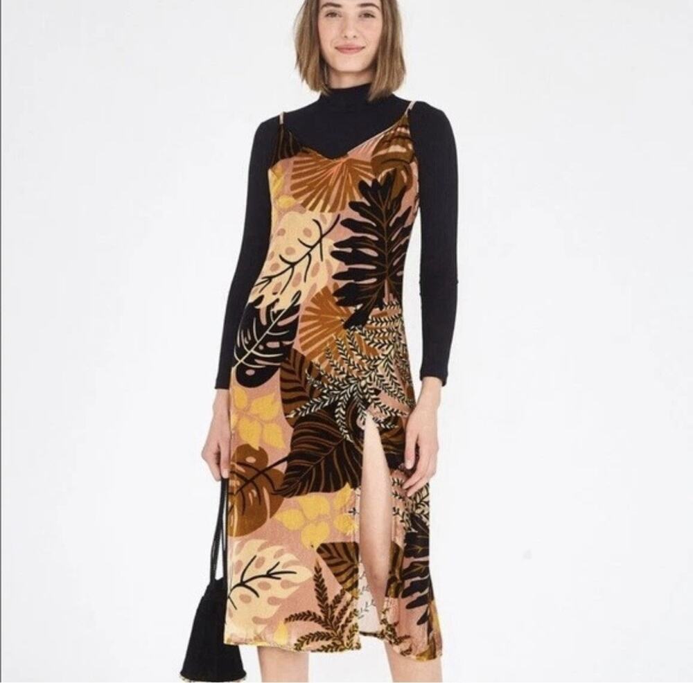 FARM Rio Jungle Leaves Silk Velvet Midi Dress 281633 Sz S Fall Boho